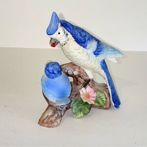Vintage Hand Painted Bisque Porcelain Blue Jay Bird Mom Feeding Baby Figurine